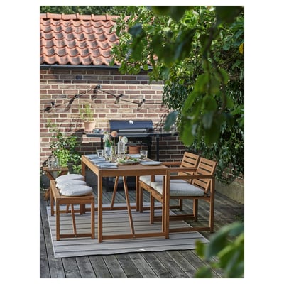 Salle à manger en plein air avec table et chaises en bois d’acacia NÄMMARÖ sur la terrasse, à côté du mur de briques et du barbecue.