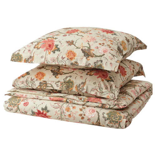 Ensemble de taies d’oreiller à motifs floraux, beige-gris, mélange de coton et de viscose. Elégant, rectangulaire avec fermeture enveloppe.