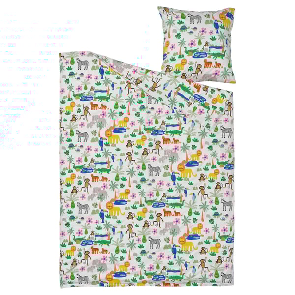 Ensemble de literie sur le thème de la jungle pour enfants avec des zèbres, des lions et des palmiers sur fond gris.