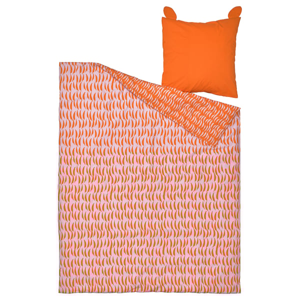 Parure de lit pour enfants à imprimé tigre orange. Comprend une housse de couette et un oreiller en forme d’oreille.