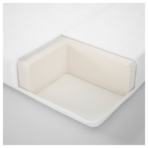 Matelas d’angle blanc avec rembourrage en couches douces et noyau en mousse ferme.