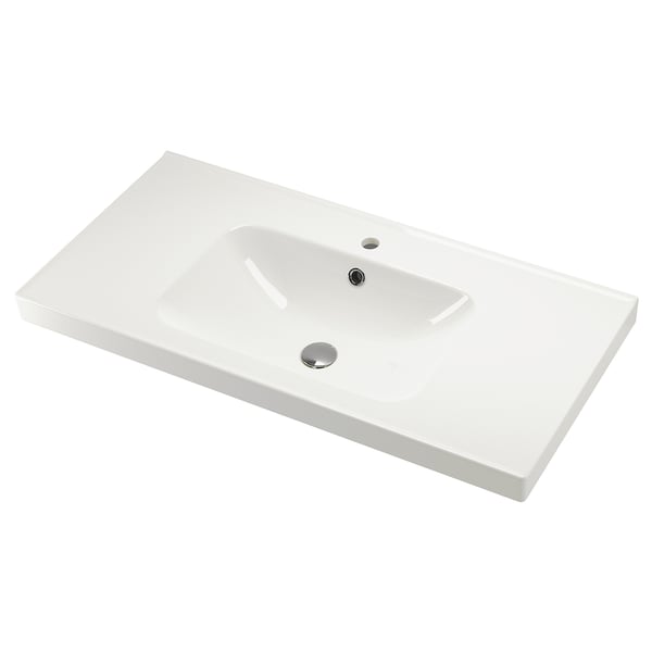 Évier en céramique blanche Orrsjon, forme carrée, design épuré, trou de robinet unique.