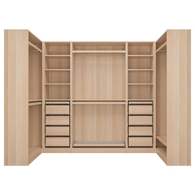 Une armoire PAX en bois clair avec des portes ouvertes, des étagères, des tiroirs et une tringle à vêtements.