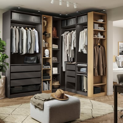 PAX Armoire d'angle, gris foncé gris foncé/motif chêne, 245/180x236 cm