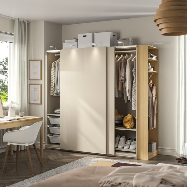 PAX / HASVIK Armoire pte coul, gris-beige gris-beige/motif chêne, 220x66x201 cm