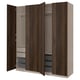 Armoire PAX moderne en bois brun avec portes ouvertes révélant des étagères, des tiroirs et un rail.