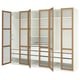 Armoire moderne en blanc et chêne avec portes vitrées ouvertes. Trois compartiments, étagères réglables.