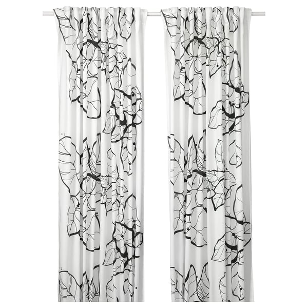PELARKÖRSBÄR Rideaux, 2 pièces, blanc/noir motif floral/ruflette, 145x250 cm