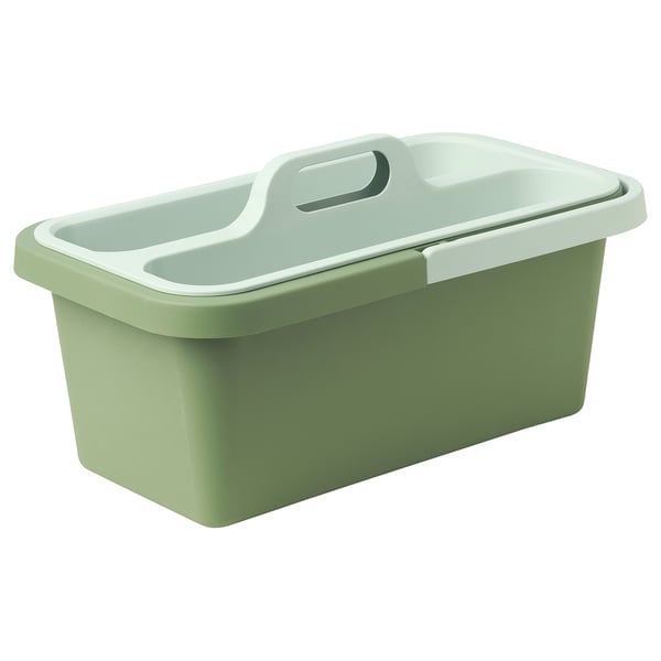 Seau de nettoyage en plastique vert avec poignée et couvercle. Conception rectangulaire robuste, idéale pour les vadrouilles.