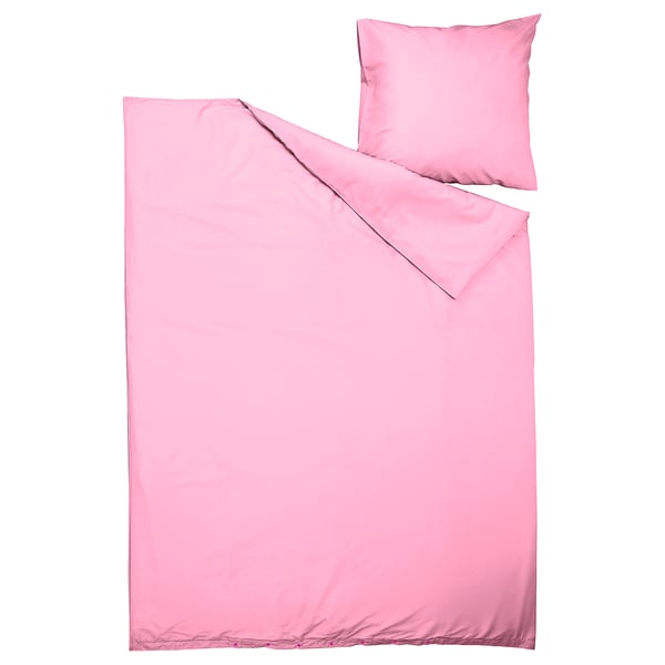 Parure de lit rose vif avec housse de couette et taie d’oreiller, toucher polyester/viscose lisse, forme rectangulaire, design plat.