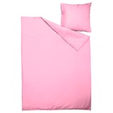 Parure de lit rose vif avec housse de couette et taie d’oreiller, toucher polyester/viscose lisse, forme rectangulaire, design plat.