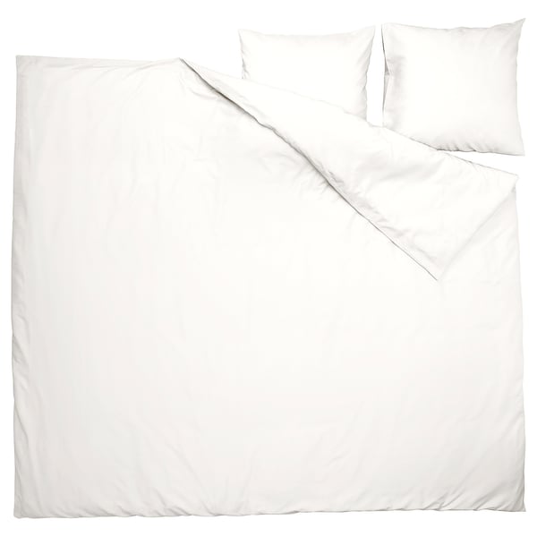 Parure de couette blanche PILTANDVINGE, tissu lisse, forme rectangulaire, 2 oreillers, fermeture apparente.
