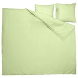 Parure de lit vert clair avec couette et 2 oreillers, mélange lisse de polyester-viscose, design simple et épuré.