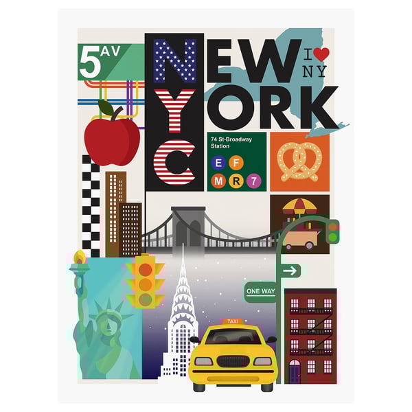 Art mural sur le thème de New York mettant en vedette la statue de la liberté, le taxi, les bâtiments, la pomme, le bretzel, le pont, le panneau de métro. Couleurs vives sur toile.
