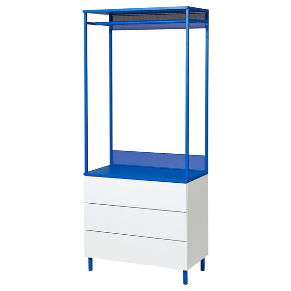 Unité PLATSA bleue et blanche. Suspension ouverte, étagères et tiroirs au design moderne et élégant.