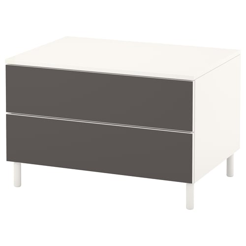 Table de chevet moderne PLATSA, blanc/gris, forme carrée, deux tiroirs, design minimaliste.