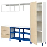 Rangement modulaire moderne - blanc, bleu, bois. Étagères ouvertes et fermées. Pieds réglables. Organisation à domicile.