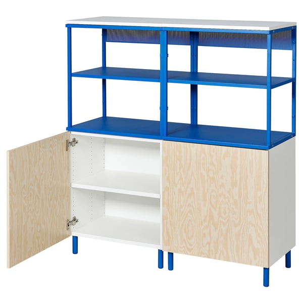 Un meuble de rangement PLATSA ouvert bleu et blanc avec trois étagères et deux tiroirs.