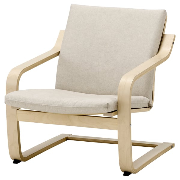 Fauteuil Poang : tissu beige, bois de bouleau, design incurvé, confortable.