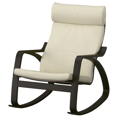 Fauteuil à bascule POÄNG beige avec cadre sombre, design incurvé pour plus de confort.