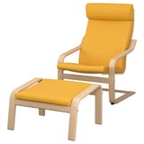 Fauteuil et pouf POÄNG jaune vif, cadre en chêne, coussins surdimensionnés pour plus de confort.
