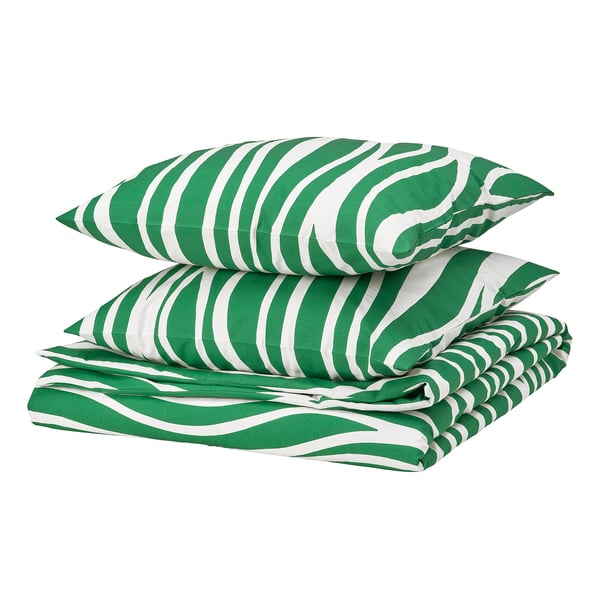 Parure de lit à rayures zébrées vertes PORTLAKMÅLLA. Couette et taies d’oreiller en mélange de coton et de viscose doux et respirant.