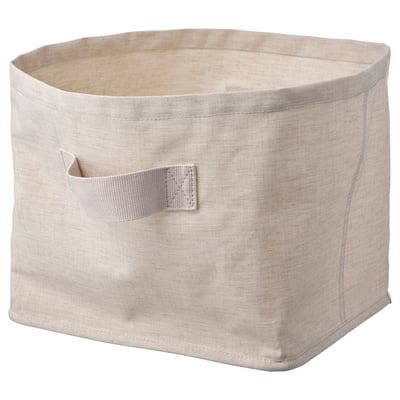 Un panier en tissu beige, rectangulaire avec poignées, conçu pour le rangement.