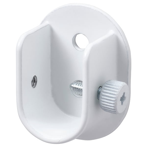 Support mural en métal blanc avec deux vis, un trou circulaire et une découpe semi-circulaire, utilisé pour suspendre des rideaux.