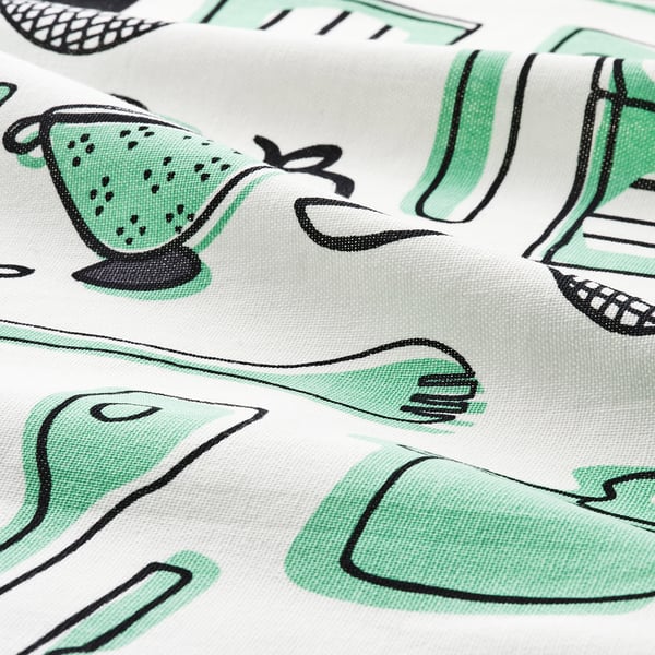 Une serviette en coton de haute qualité, teint en fil, avec un imprimé ludique d’ustensiles de cuisine. Il est conçu pour la durabilité et conserve bien la couleur.