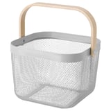 Panier en fil RISATORP, gris, manche en bois clair, côtés en maille, forme carrée, pour le stockage et la ventilation.