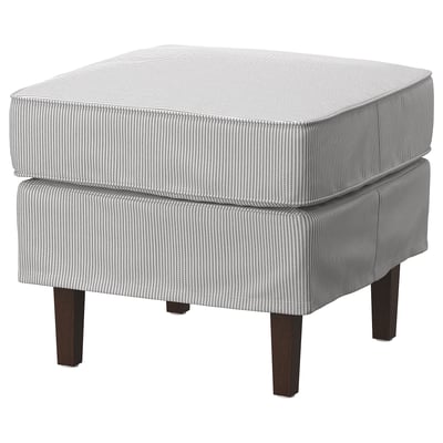Tabouret carré rembourré, gris avec rayures blanches, pieds en bois.