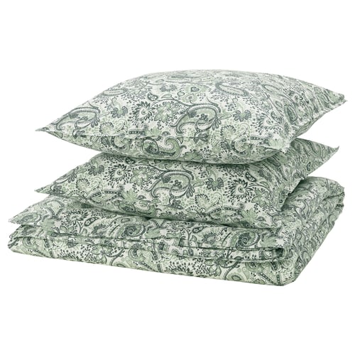 Taies d’oreiller à motif cachemire, vert/blanc, coton/viscose, carrées, empilées par trois.