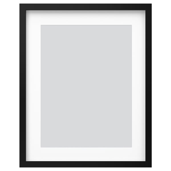 Cadre photo RÖDALM noir avec protection frontale en plastique transparent, adapté pour être suspendu dans différentes orientations avec le crochet adhésif inclus.