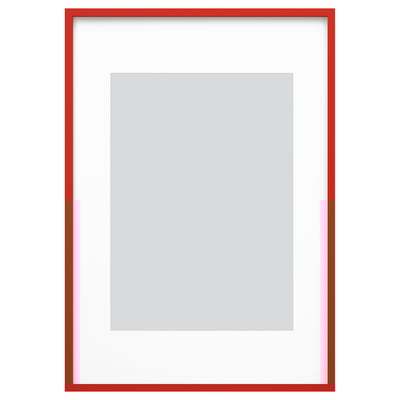 Présentoir photo blanc encadré rouge avec cadre intérieur gris.