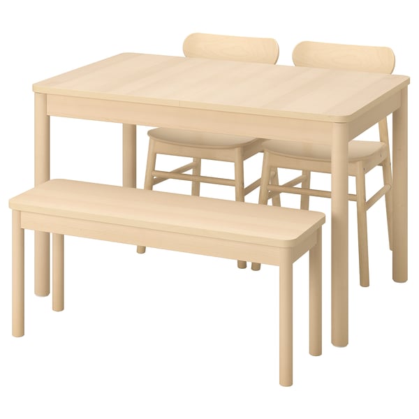 Set RÖNNINGE : table à manger en bois clair, 2 chaises, 1 banc. Aspect neutre et naturel. Design simple et rectangulaire.
