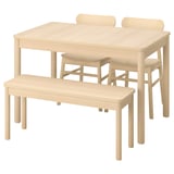 Set RÖNNINGE : table à manger en bois clair, 2 chaises, 1 banc. Aspect neutre et naturel. Design simple et rectangulaire.