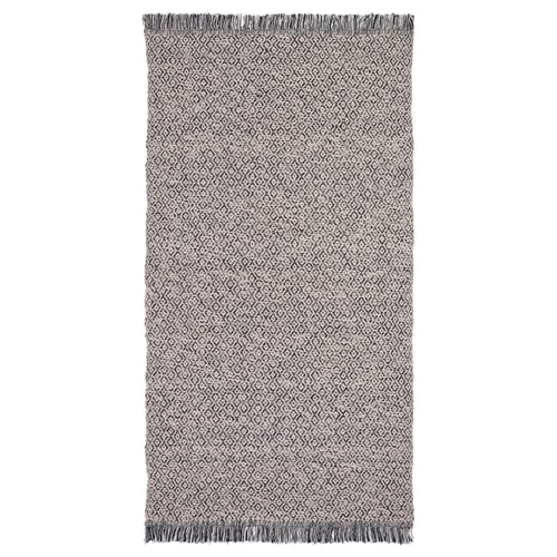 Tapis RÖRKÄR, gris, rectangulaire avec bords frangés, motifs de losanges complexes, 100 % coton.
