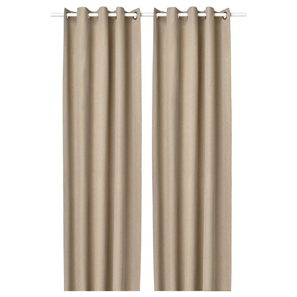 Rideaux jaune-beige avec texture laine, design œillet, drapé moderne, polyester recyclé écologique.