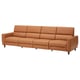 Canapé sectionnel en cuir marron avec 4 places, inclinable manuel, pieds en bois foncé, design minimaliste.