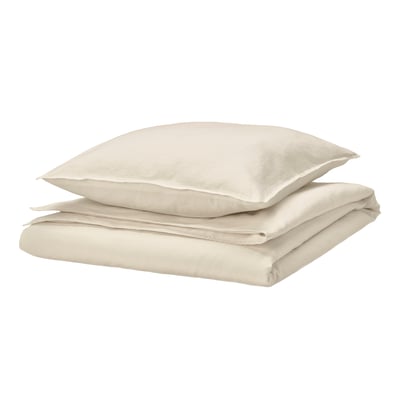 Parure de lit beige RUNDHAGTORN, coton doux et lin, forme carrée avec fermeture enveloppe.