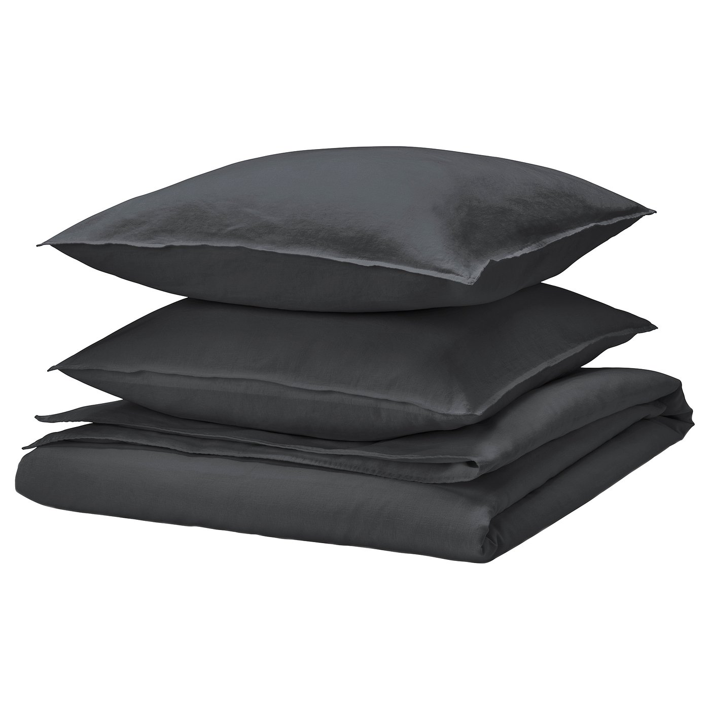 Parure de lit rundhagtor gris foncé, pliée avec deux oreillers, doux mélange de lin et de coton, forme carrée.