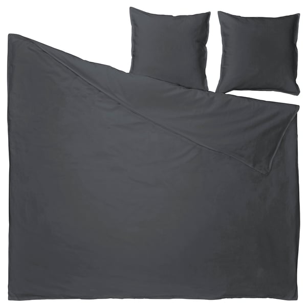 L’image montre la parure de lit RUNDHAGTORN en anthracite, en mélange de lin et de coton, comprenant un grand drap plat et deux oreillers carrés.