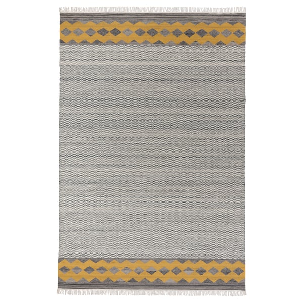 Tapis Rysgräs : gris avec bordure jaune, motif losange, laine tissée à la main.