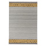 Tapis Rysgräs : gris avec bordure jaune, motif losange, laine tissée à la main.