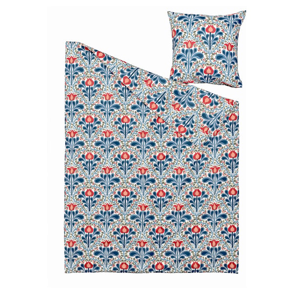 Ensemble couette et coussin SÄTERVIDE, bleu avec fleurs de tulipe rouge, design folklorique suédois complexe, mélange doux de coton et recyclage.