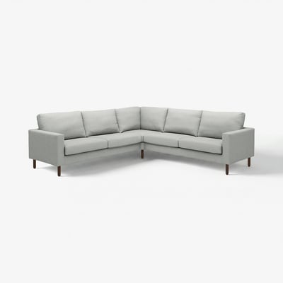 Canapé d’angle gris clair, design moderne avec pieds en bois, coussins doux, parfait pour des espaces douillets.