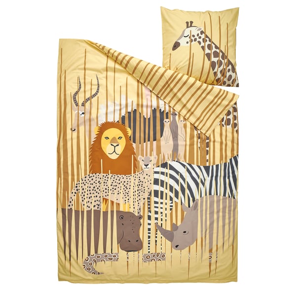 Parure de lit sur le thème du safari avec lion, zèbre, girafe et plus encore, design beige et ludique.