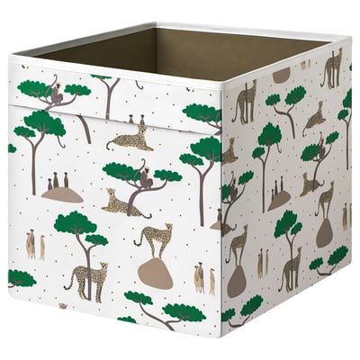 Boîte en tissu blanc sur le thème du safari avec des arbres verts, des guépards et des girafes, parfaite pour les étagères kallax.