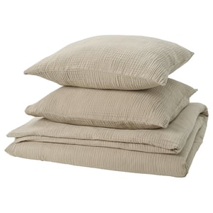 Parure de lit SCHERSMIN, beige, mousseline de coton biologique, texture ondulée, comprend couette et taies d’oreiller.