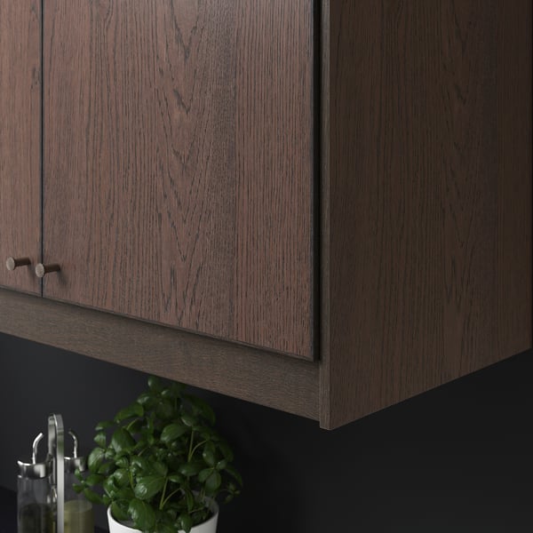 Armoire en bois foncé avec poignées en métal ; plante ci-dessous.